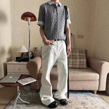 AIDASE  -  Mens Knitting Short Sleeve Striped Print Slim Polos Men Summer Vintage Knit Polo Shirt Contrast Color Patchwork Lapel Polo Shirt aidase-shop